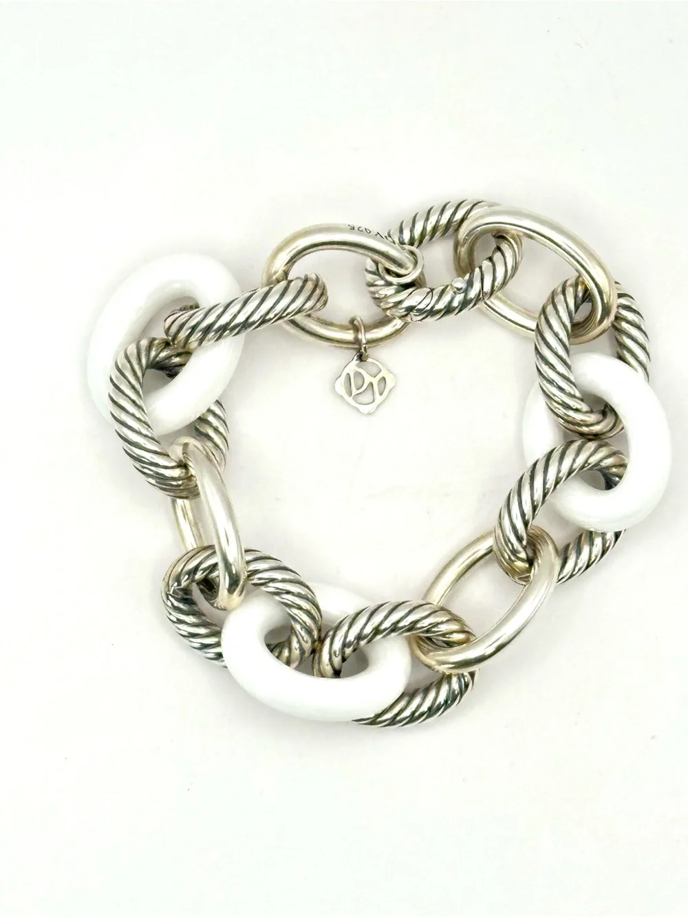 David Yurman Sterling Silver & White Ceramic Oval Link Bracelet RARE